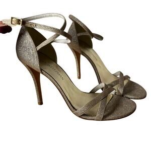 Stuart Weitzman Glitter Strappy Stiletto Heels Champagne Sparkle Gold Bridal 7.5